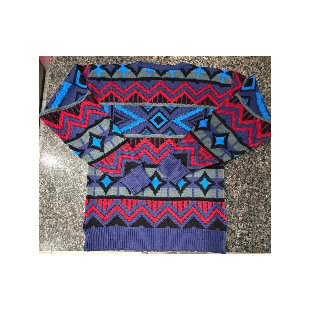 Vintage Tyrolia Skiwear Wool Blend Geometric Chevron Sweater Purple Blue Red L